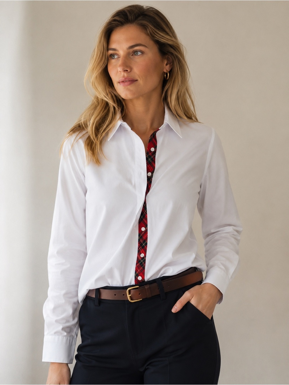 Tommy Hilfiger White & Tartan Plaid Detail Button Down Shirt